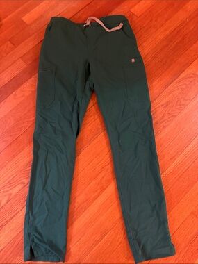 Figs Women's Dark Green Scrub Pants with Pink Drawstring